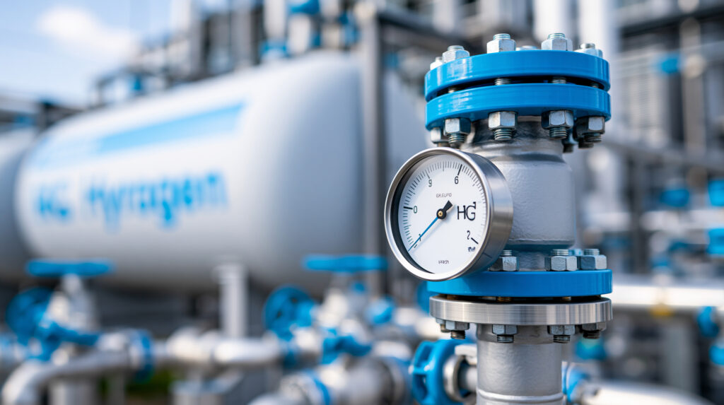 Close-up of a hydrogen fuel storage tank at an industrial power plant, clean energy transition concept, industrial hydrogen storage, environmental energy infrastructure, defocused