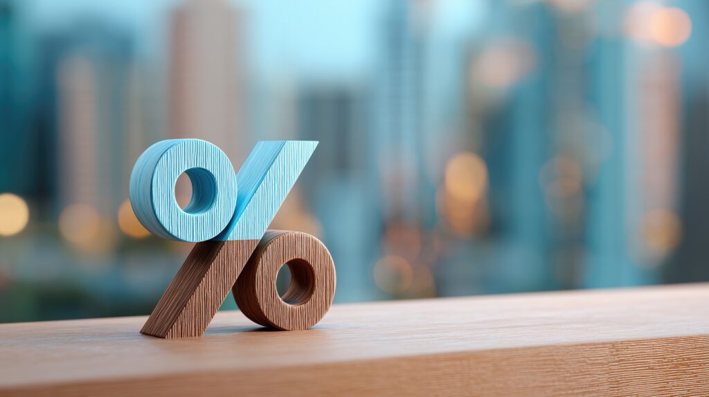 Wooden percentage symbol on city background – concept of finance, economy and interest rates